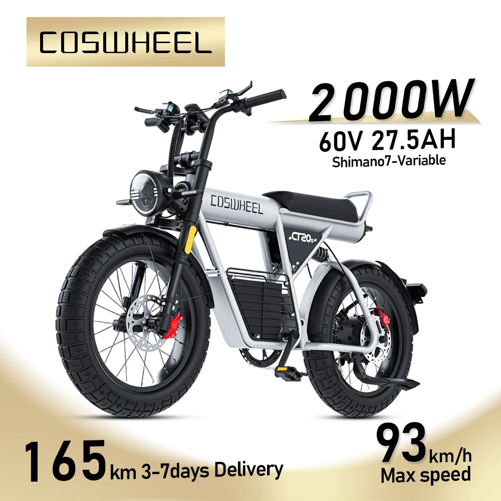 Electric Bike Motorcycle E-bike 20Inch Fat-Tire Bicycle 2000W-60V-27.5AH Battery