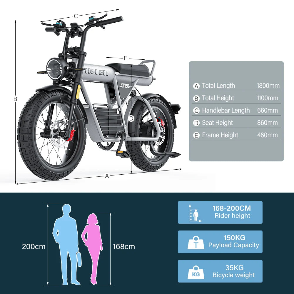 Electric Bike Motorcycle E-bike 20Inch Fat-Tire Bicycle 2000W-60V-27.5AH Battery