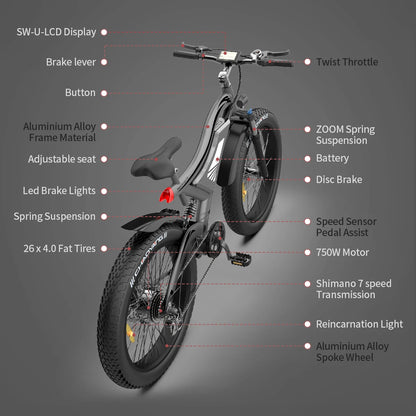 48V-15Ah  E-bike 26-Inch Fat-Tire Electric Mountain Bicycle