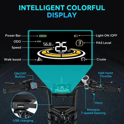 Electric Bikes 52V-60AH-1200W/1400W/1600W Peak Power 30+MPH E-Bike