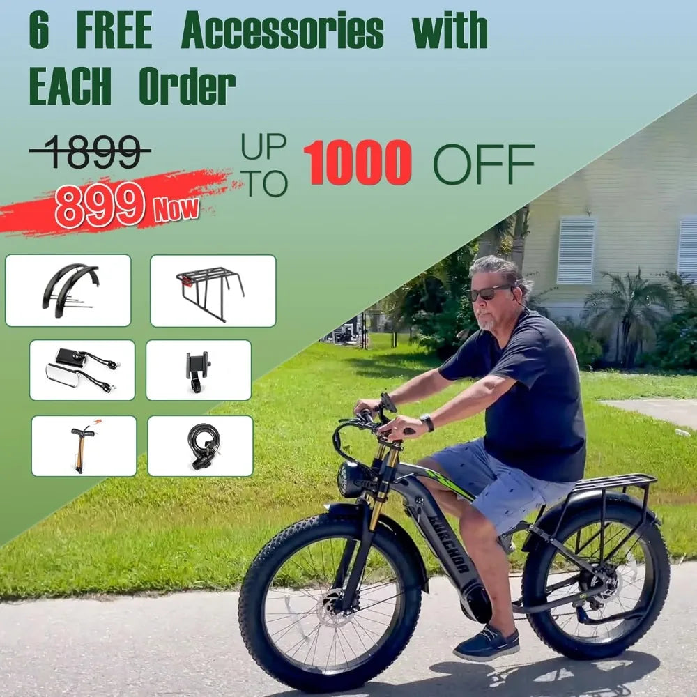 Electric Bike 1000W-48V-30AH/20Ah 26"X4"Fat Tire up to 30MPH